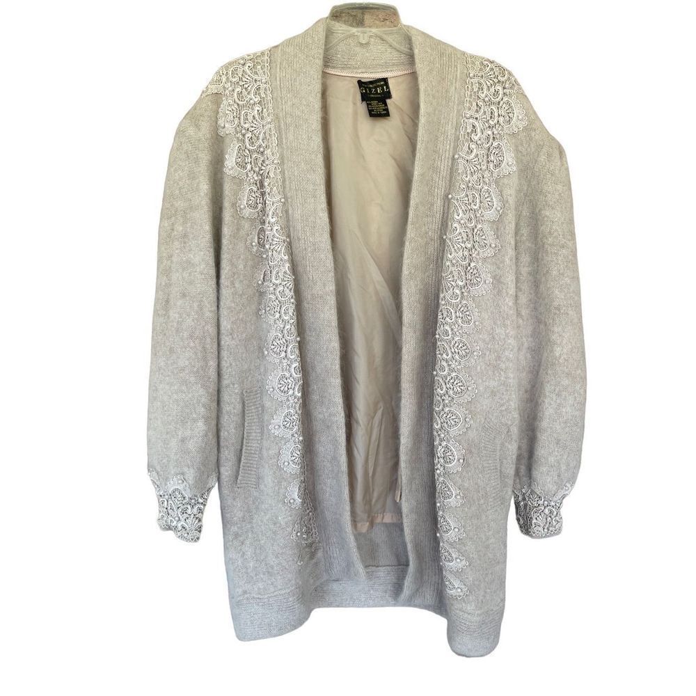 Vintage Gizel Sweater Coat White Beaded Angora Rabbit Hair Cardigan L/XL New